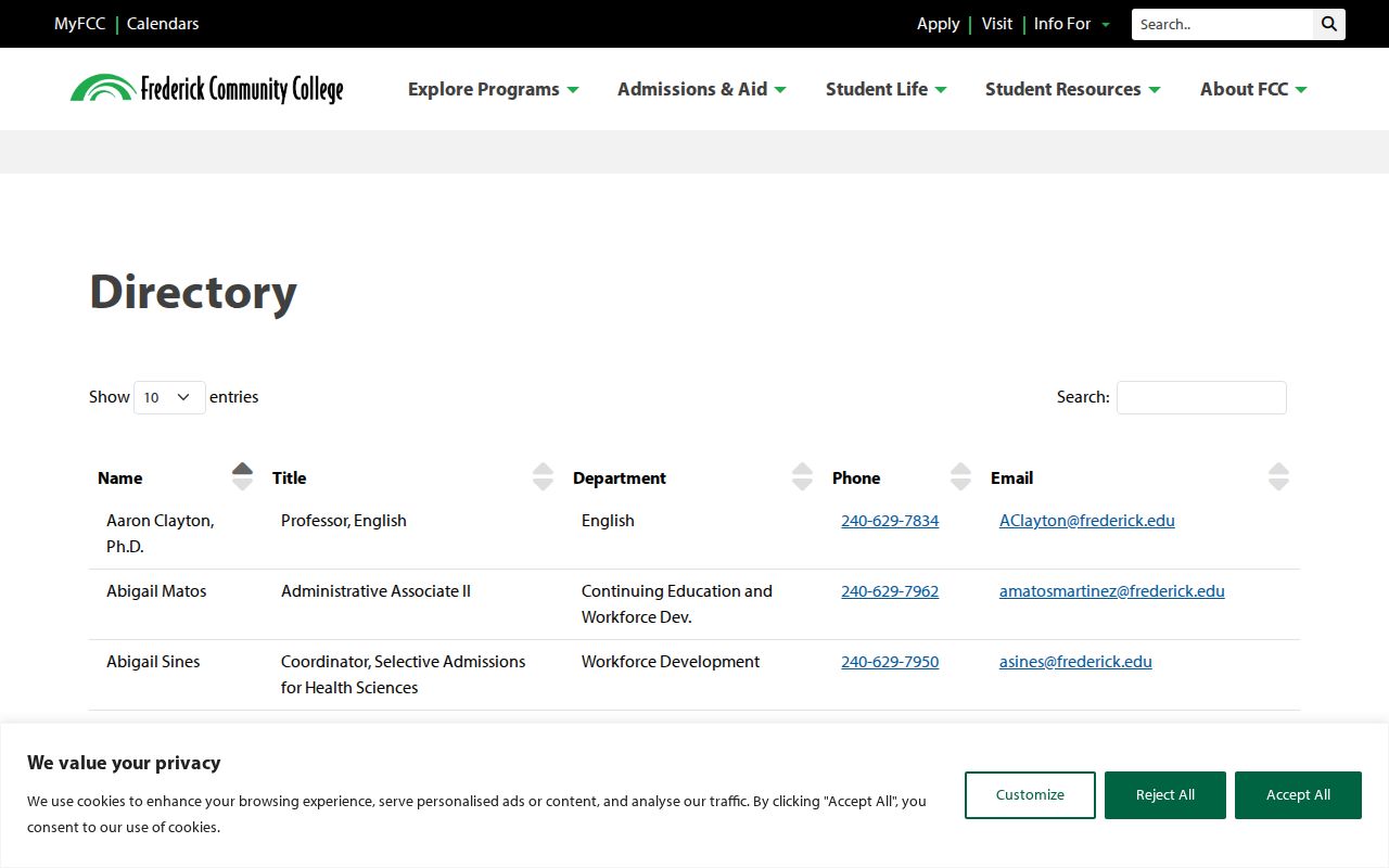 Frederick people directories Community College staff lookup