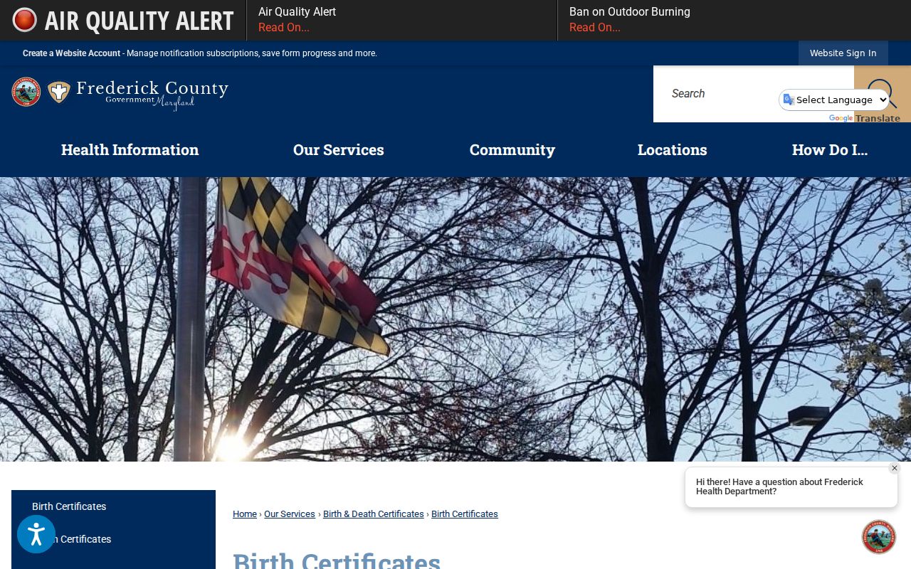 Frederick public records birth certificate access page